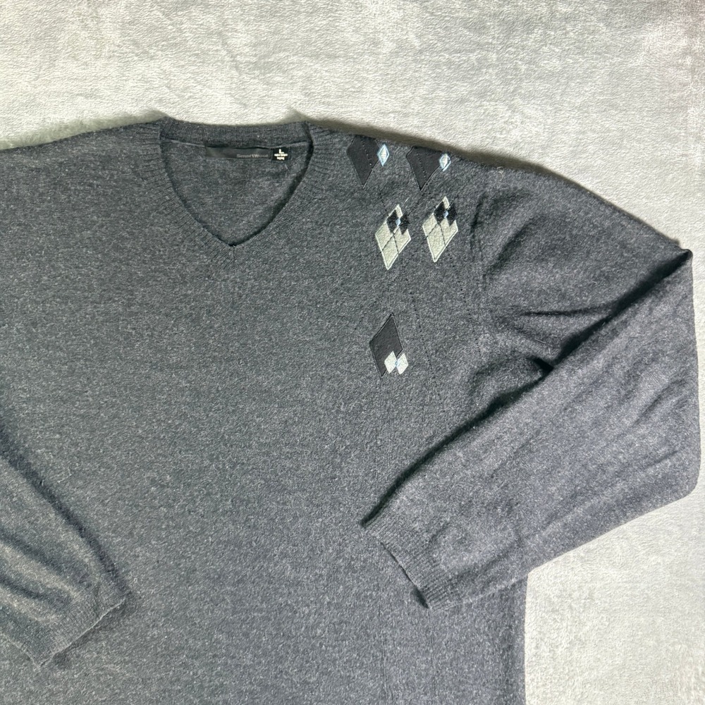 VTG Smartwool Mens Large 100% Merino Wool V-Neck Argyle Sweater Charcoal Gray